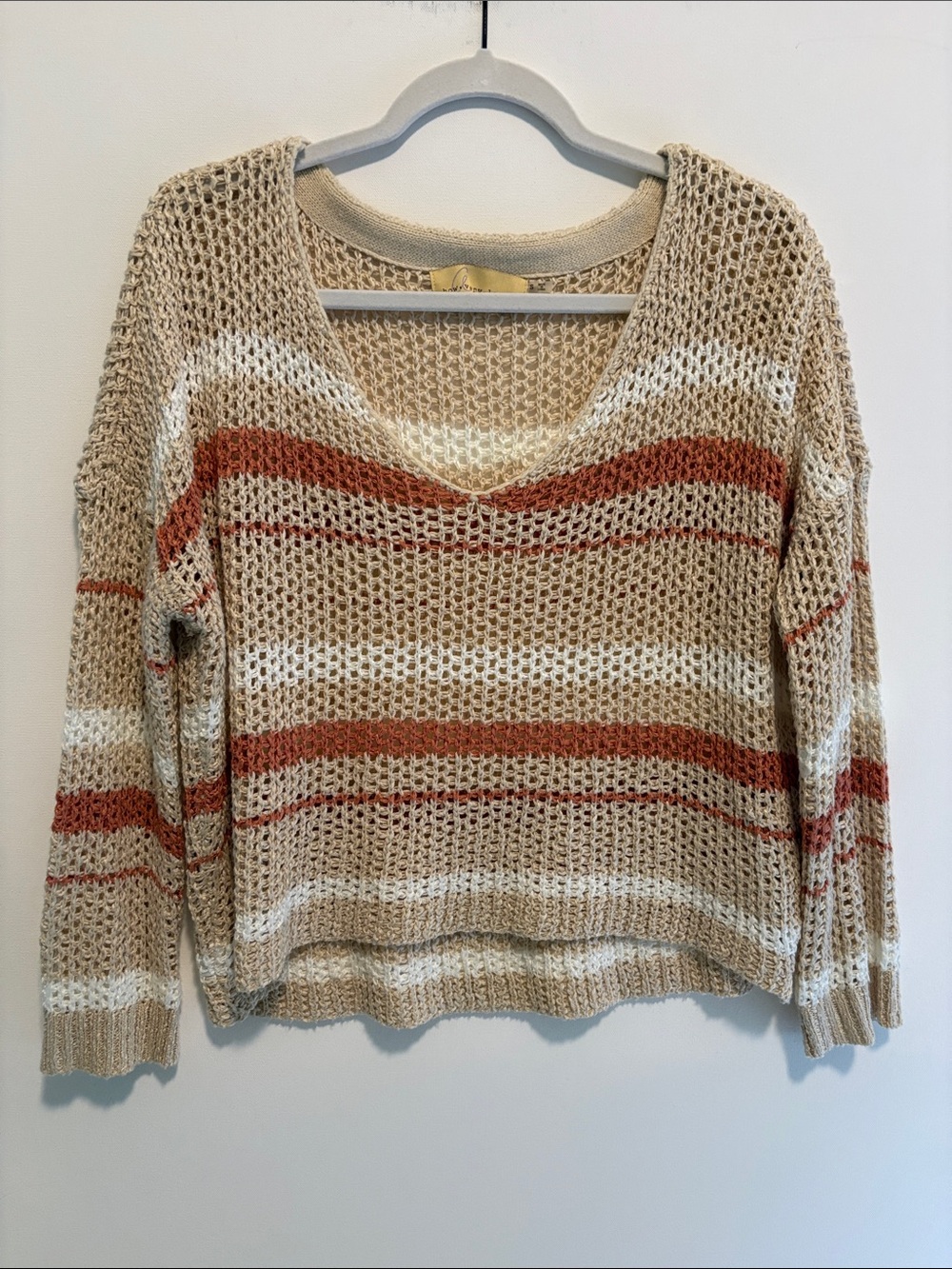 Beige Striped V-Neck Open-Knit Sweater with Rust Accents